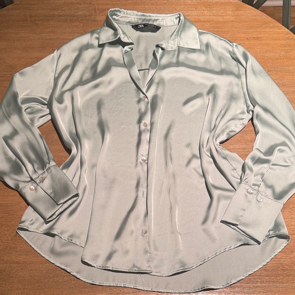ZARA Satin Button-Down Blouse – Mint Green – Size L